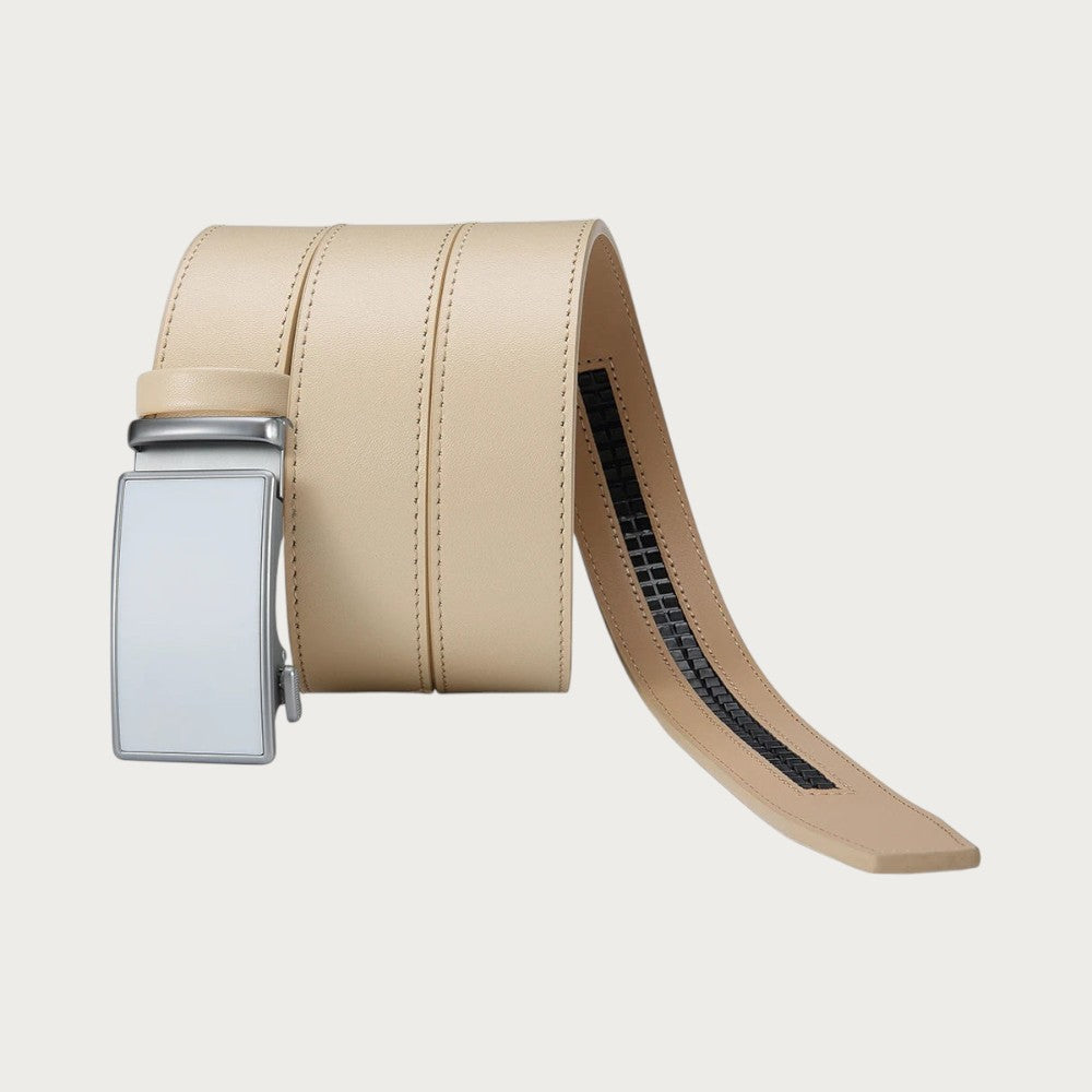 Ceinture homme Ceintura Arezzo en cuir lisse beige avec boucle automatique argentée et système de crémaillère Image