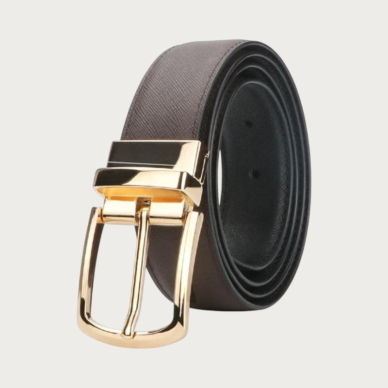 Ceinture réversible pour homme en cuir véritable marron avec boucle ardillon rotative dorée élégante