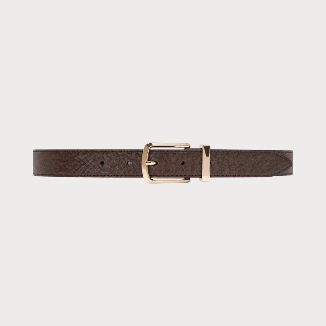Ceinture Ceintura en cuir marron taupe déployée à plat, boucle ardillon rotative dorée au centre
