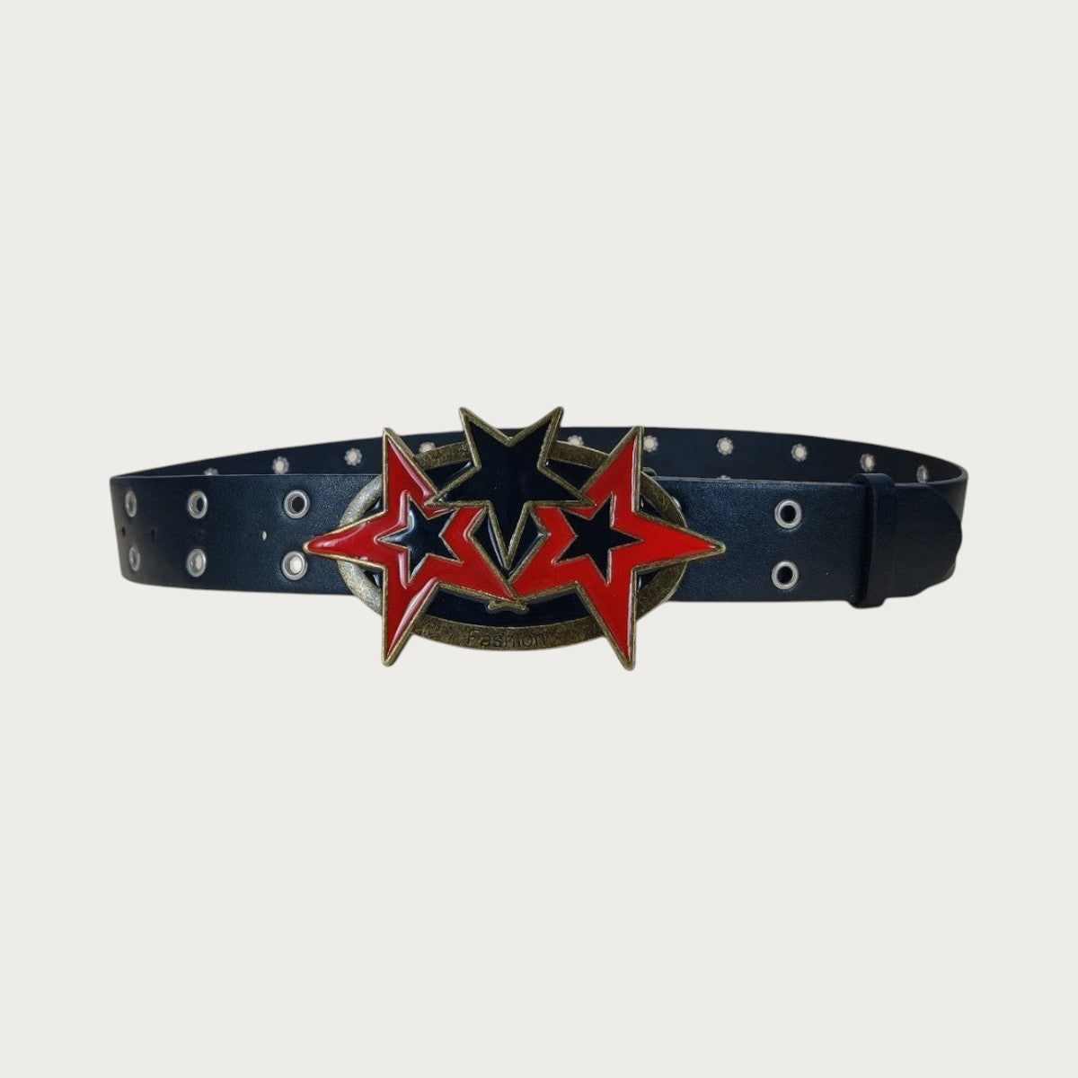 Ceinture homme Ceintura en similicuir noir avec boucle ovale bronze, étoiles émaillées rouge et noir et double œillets