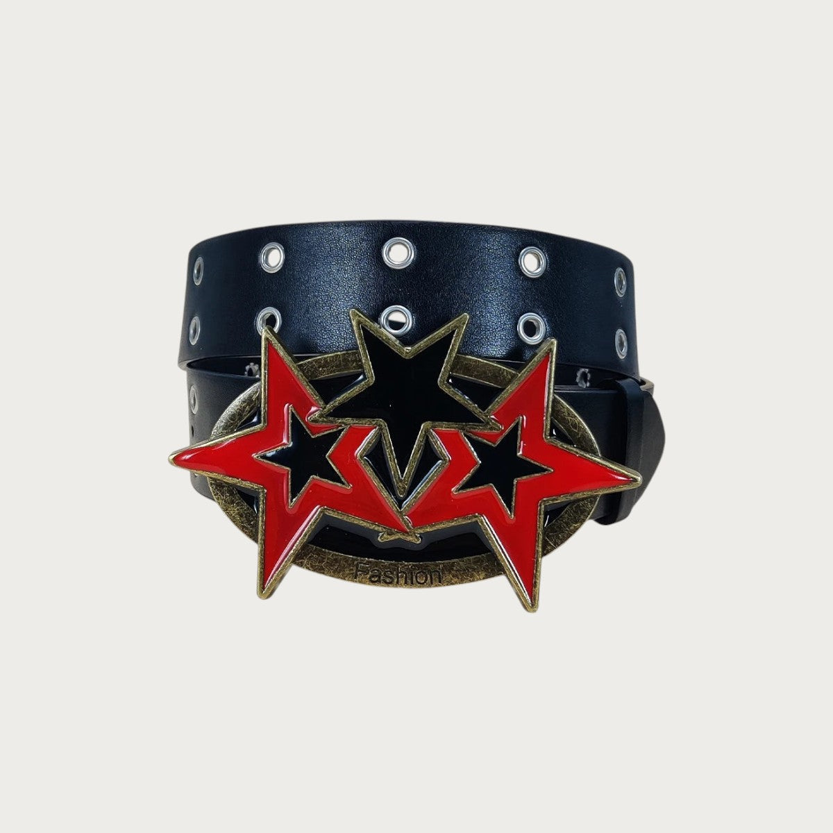 Ceinture Ceintura noire en similicuir avec boucle ovale bronze, étoiles émaillées rouge et noir et double rang d'œillets