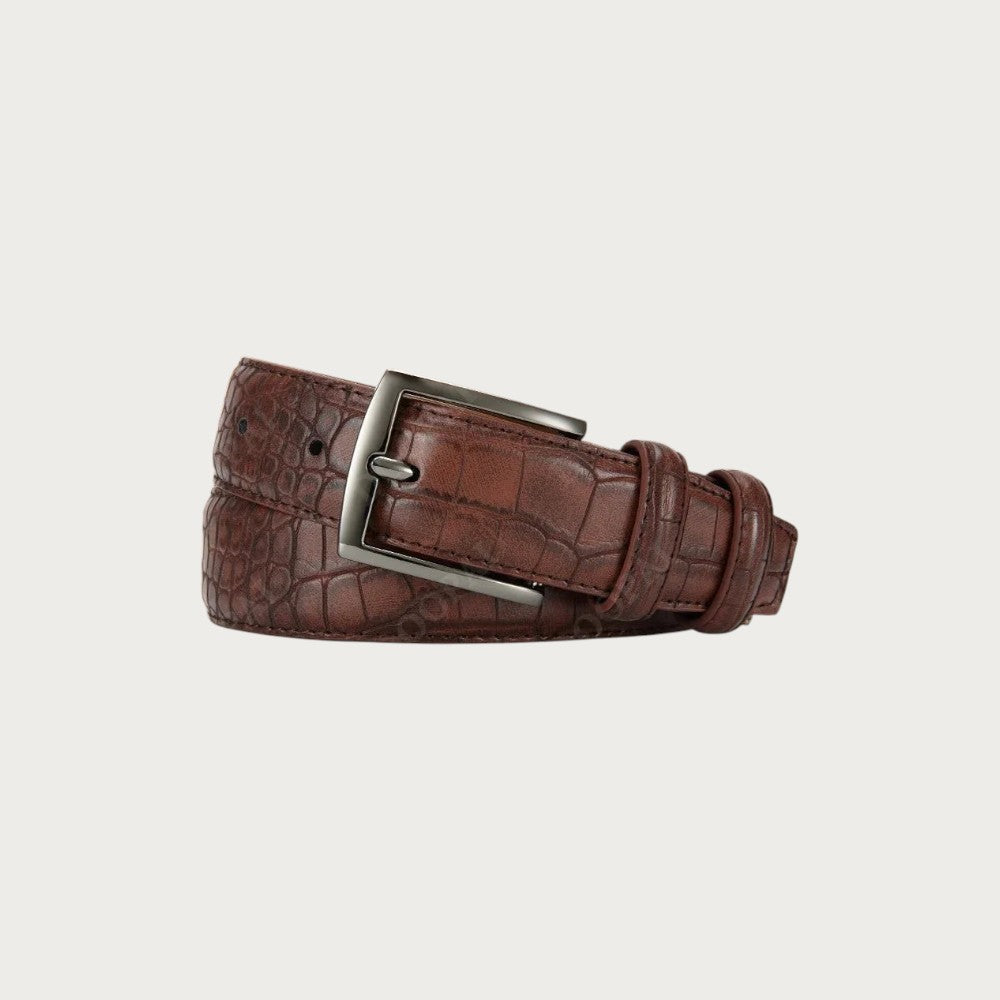 Ceinture Ceintura Salerno marron café effet crocodile enroulée serrée, boucle ardillon argentée de trois quarts