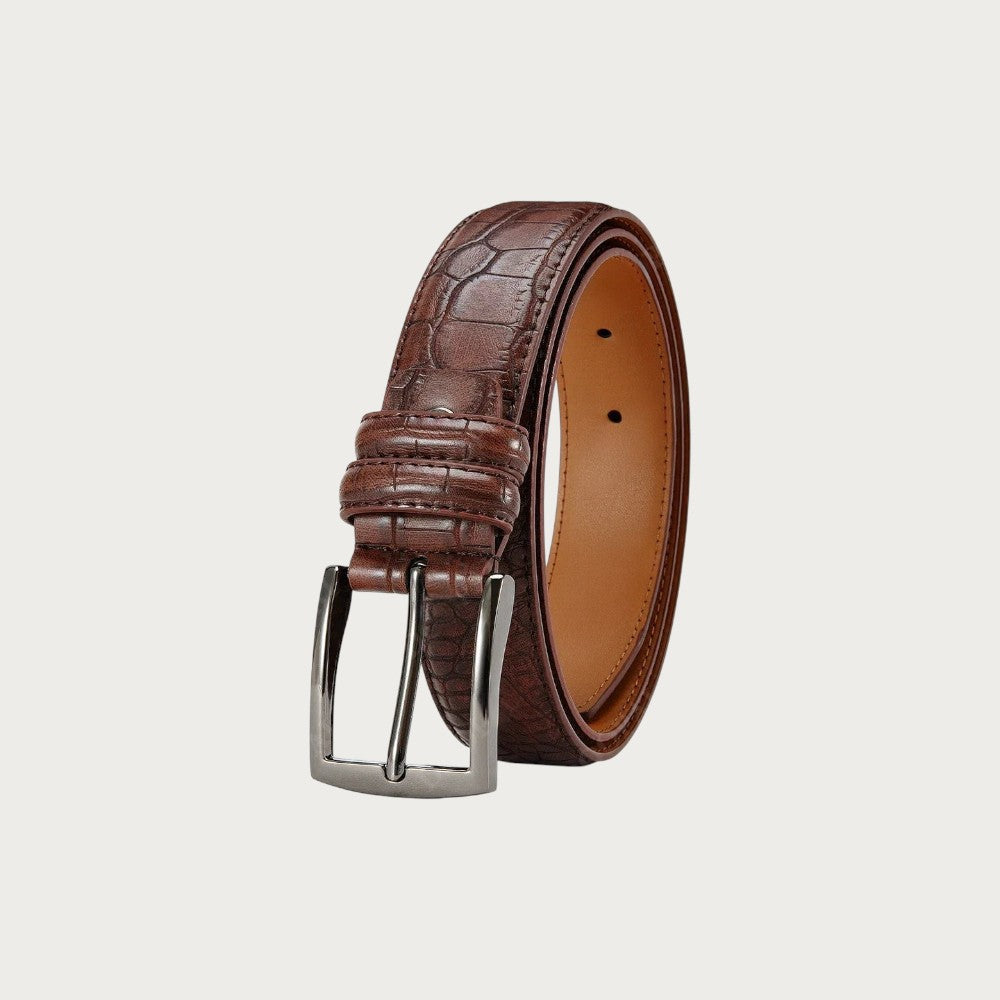 Ceinture Ceintura Salerno marron acajou effet crocodile enroulée, boucle ardillon argentée et doublure caramel