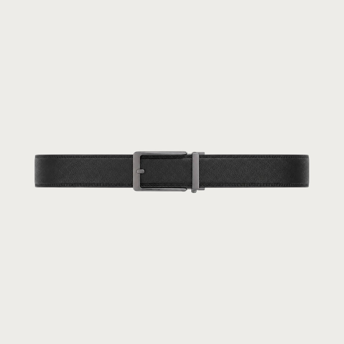 Ceinture Ceintura Avellino noire déployée à plat, boucle automatique rectangulaire en métal gris fumé