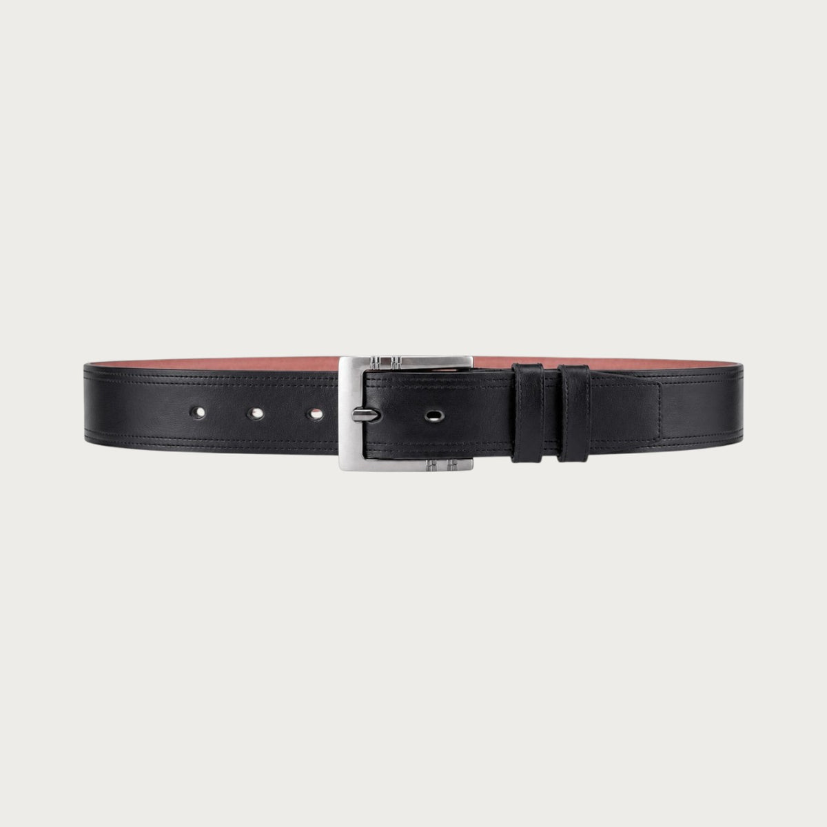 Ceinture Ceintura Milano noire en similicuir déployée à plat, boucle ardillon rectangulaire et revers camel