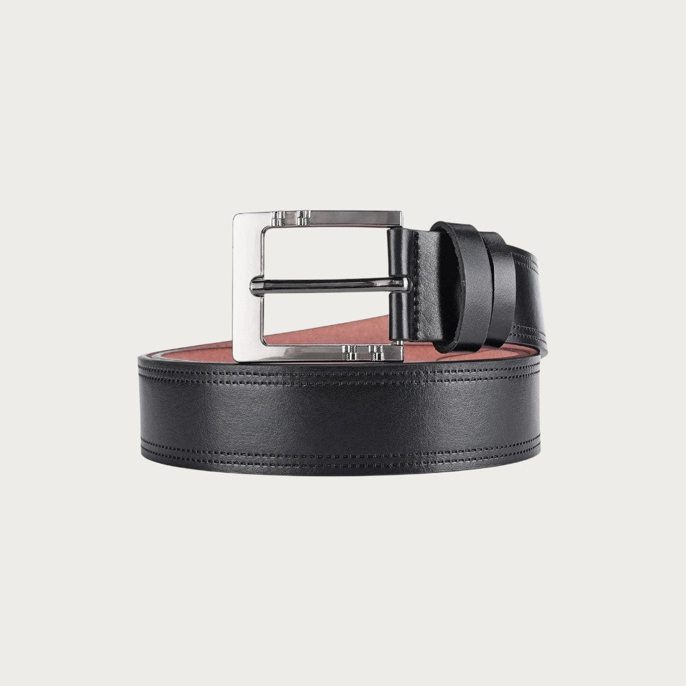 Ceinture casual homme Ceintura en similicuir noir avec double surpiqûre et boucle ardillon en métal vieilli