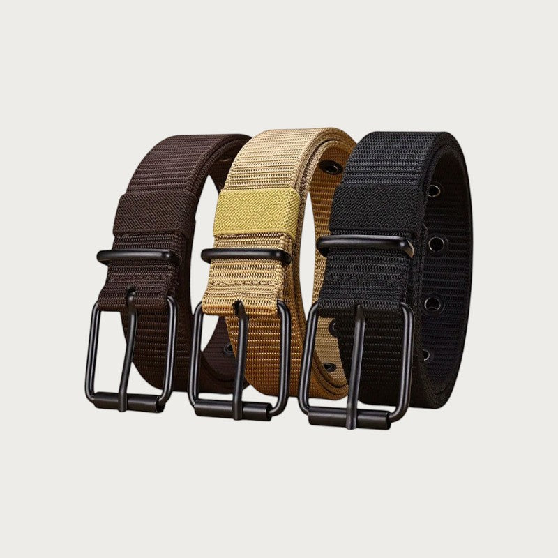 Ceintura ceinture homme en polyester avec boucle ardillon noire, disponible en marron, beige et noir pour le plein air