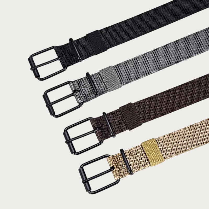 Ceintura ceinture homme en polyester avec boucle ardillon noire, disponible en noir, gris, marron et beige.