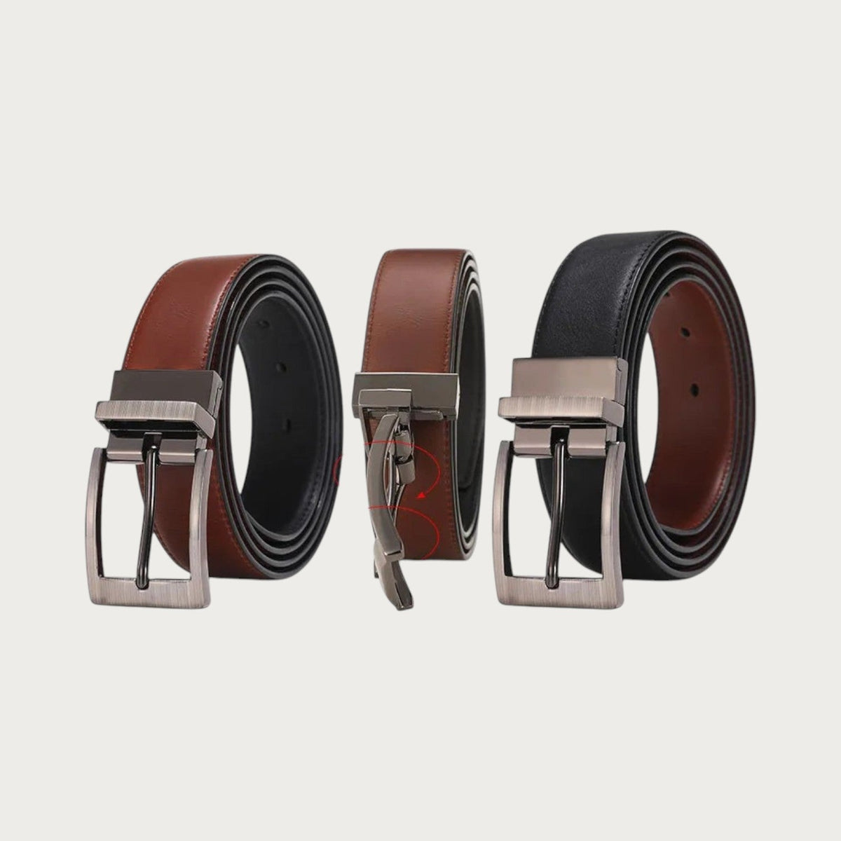 Ceinture homme Ceintura réversible en cuir souple noir et marron avec boucle rotative mate brossée