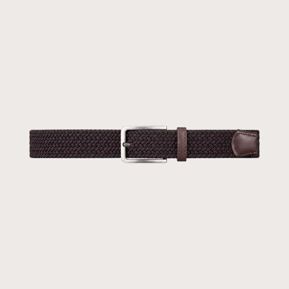 Ceinture Ceintura Luca marron foncé en polyester tressé déployée à plat, boucle ardillon argentée au centre