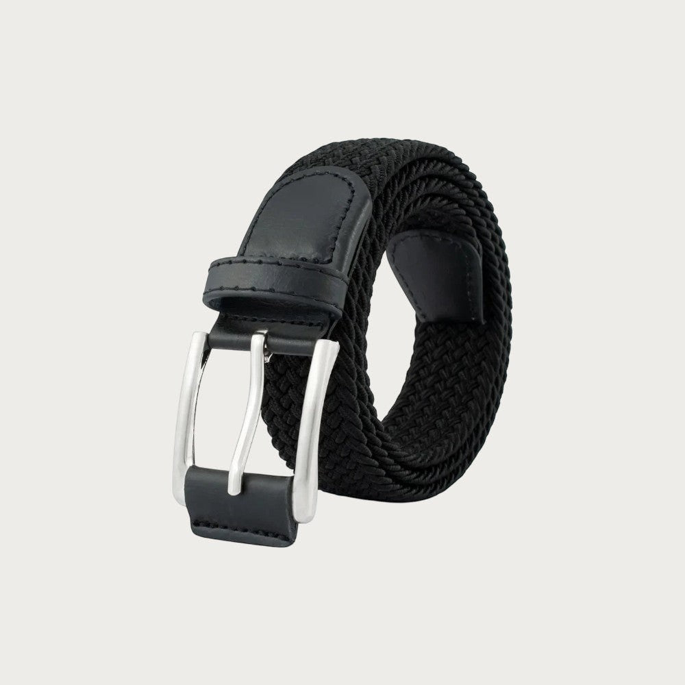 Ceinture homme tressée élastique noire Ceintura avec boucle ardillon argentée et finitions en cuir synthétique