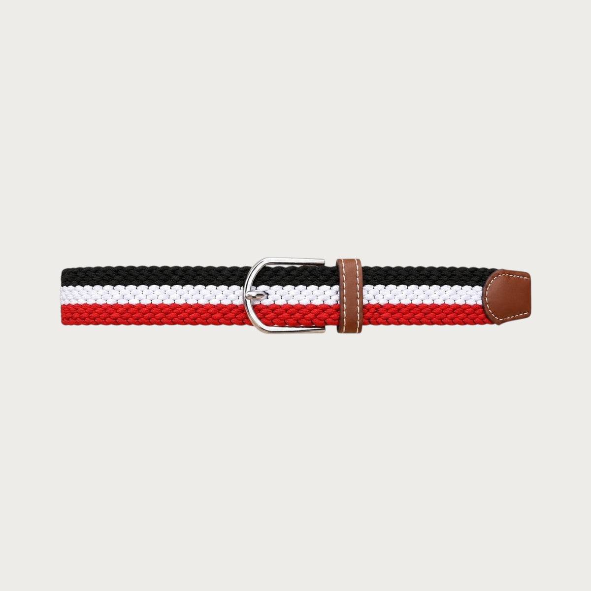 Ceinture homme tressée Ceintura Fabrizio tricolore noir blanc rouge avec boucle à ardillon et détails en cuir marron