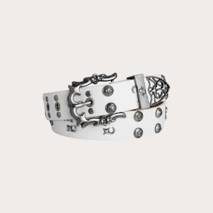 Ceinture Ceintura Imola blanche style grunge en similicuir avec œillets, rivets et boucle en métal argenté vieilli