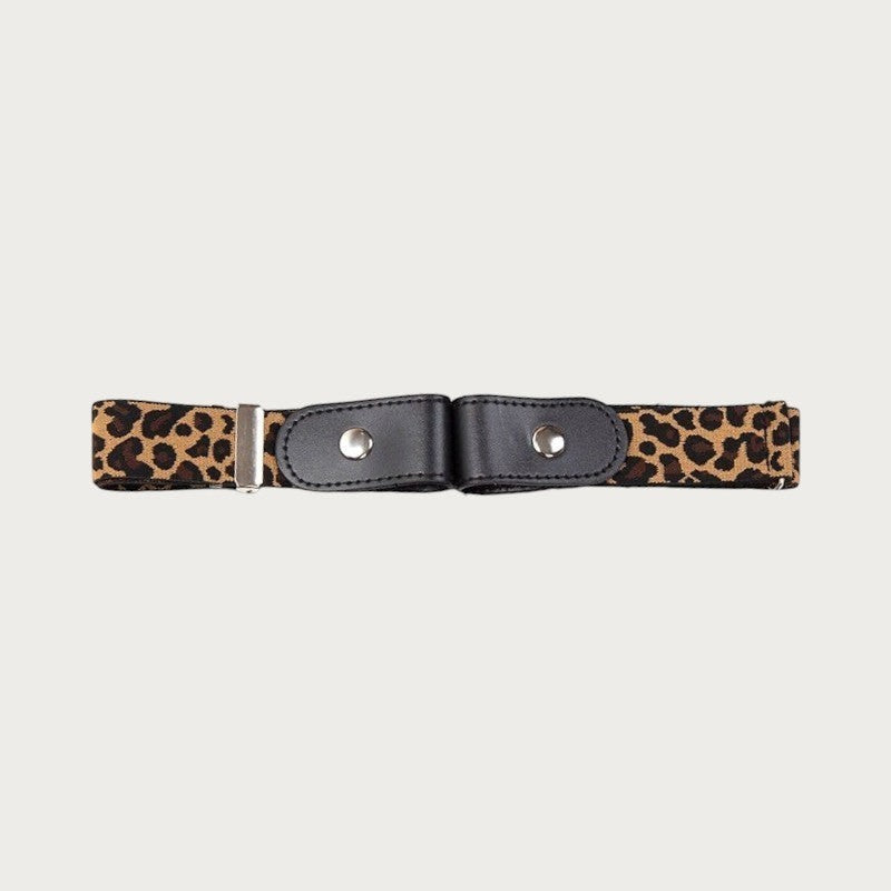 Ceinture invisible Ceintura léopard, gros plan sur les deux pattes en similicuir noir rapprochées