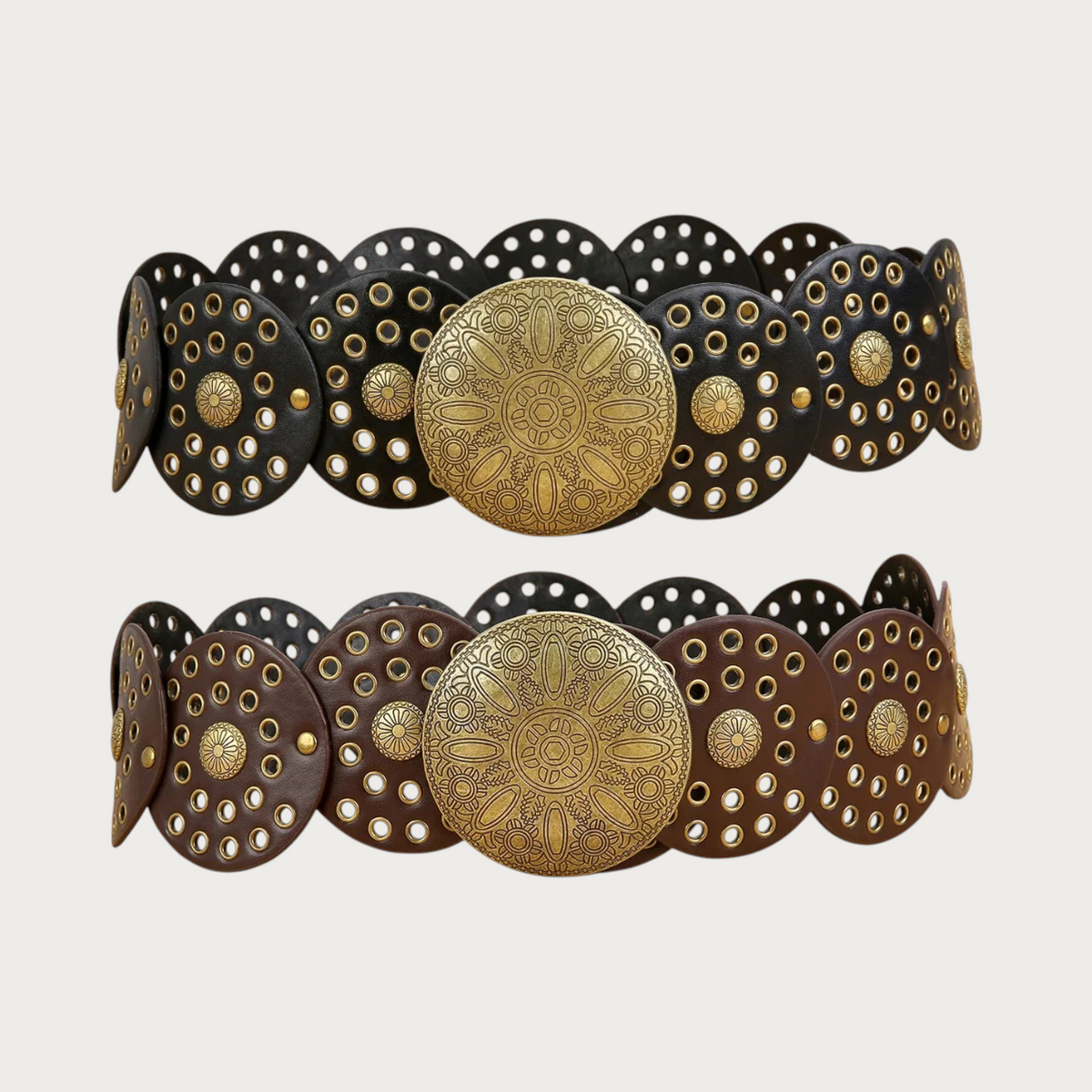 Ceintura ceinture large pour femme en similicuir avec disques perforés et boucle ronde en métal doré style vintage