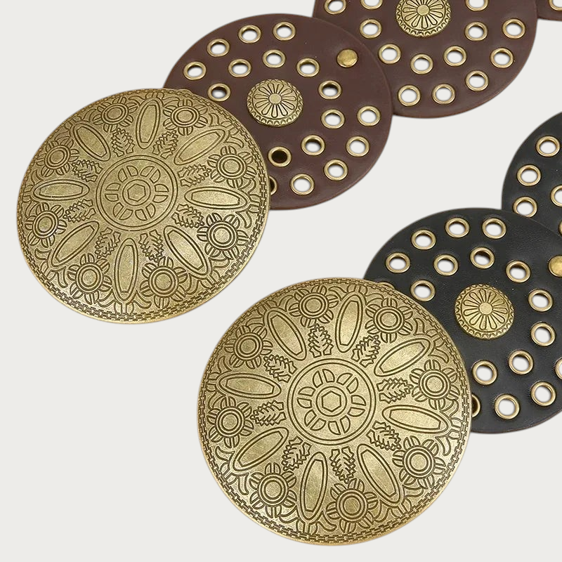 Ceintura ceinture large pour femme en similicuir avec grands disques métalliques dorés gravés style vintage