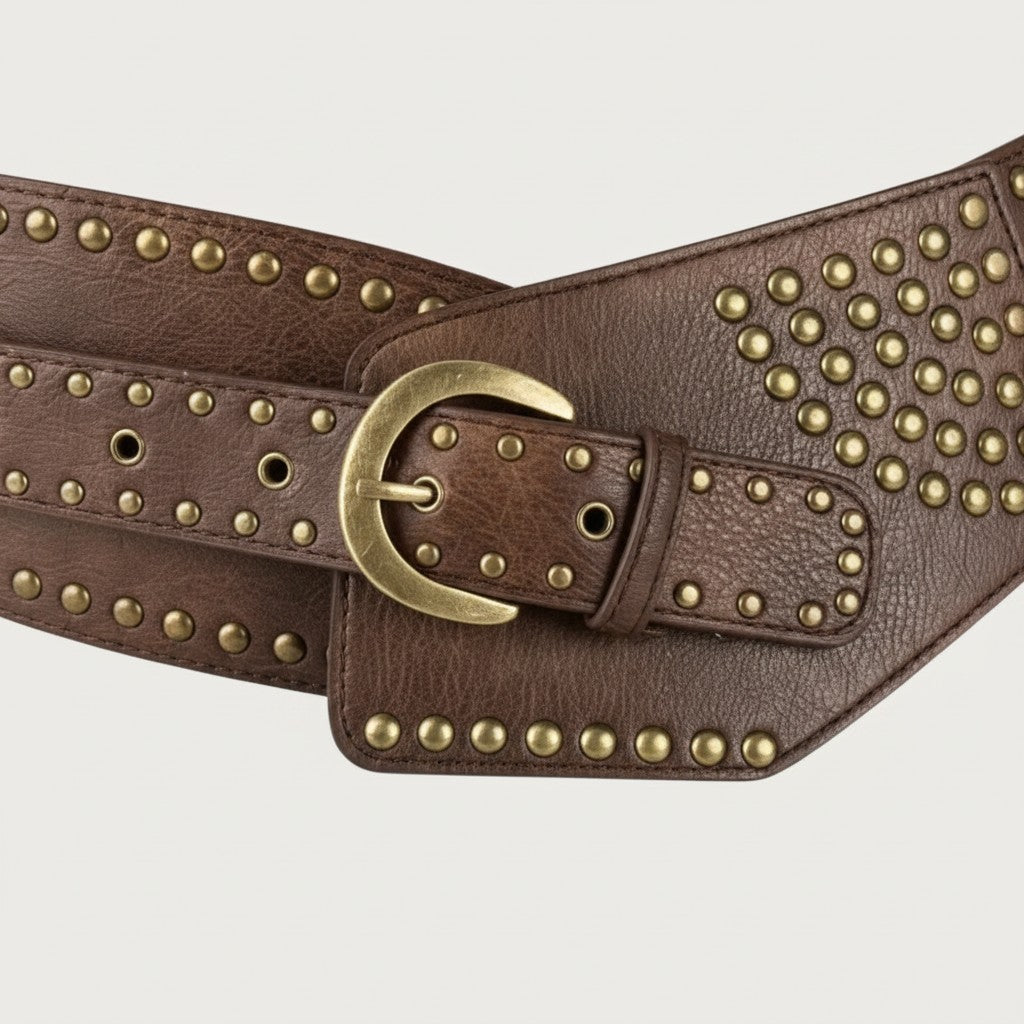 Ceinture large Ceintura en similicuir marron style punk avec clous dorés et boucle métallique vintage