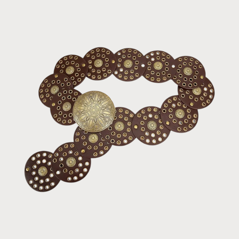 Ceinture large Ceintura pour femme en similicuir marron avec disques perforés et boucle ronde ornée style vintage