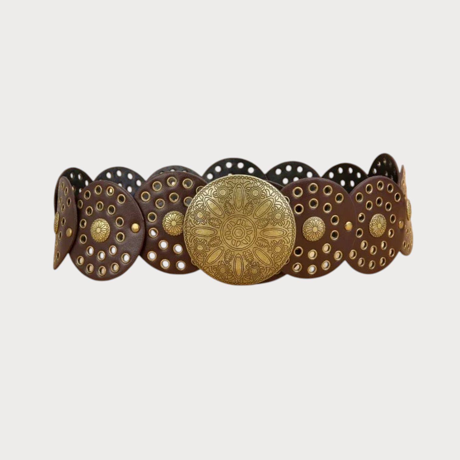 Ceinture large Ceintura en similicuir marron avec disques perforés et grande boucle ronde en métal doré style vintage Image
