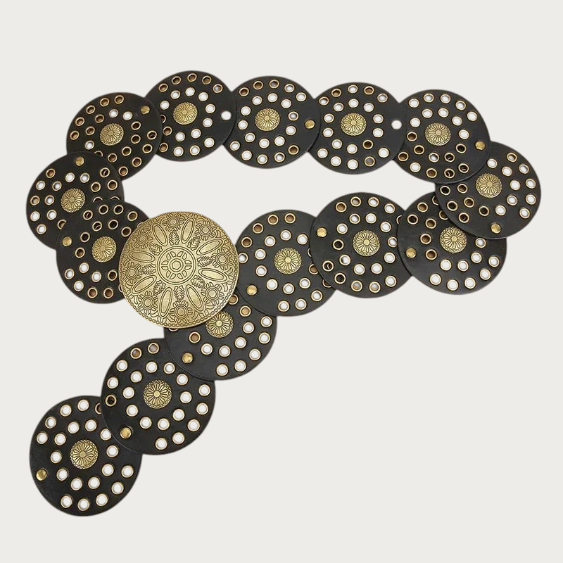 Ceinture large Ceintura pour femme en similicuir noir avec disques perforés et boucle ronde en métal doré style 20's
