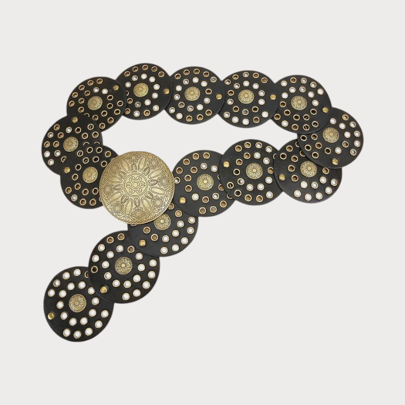 Ceinture large Ceintura en similicuir noir avec disques perforés et grande boucle ronde en métal doré style vintage