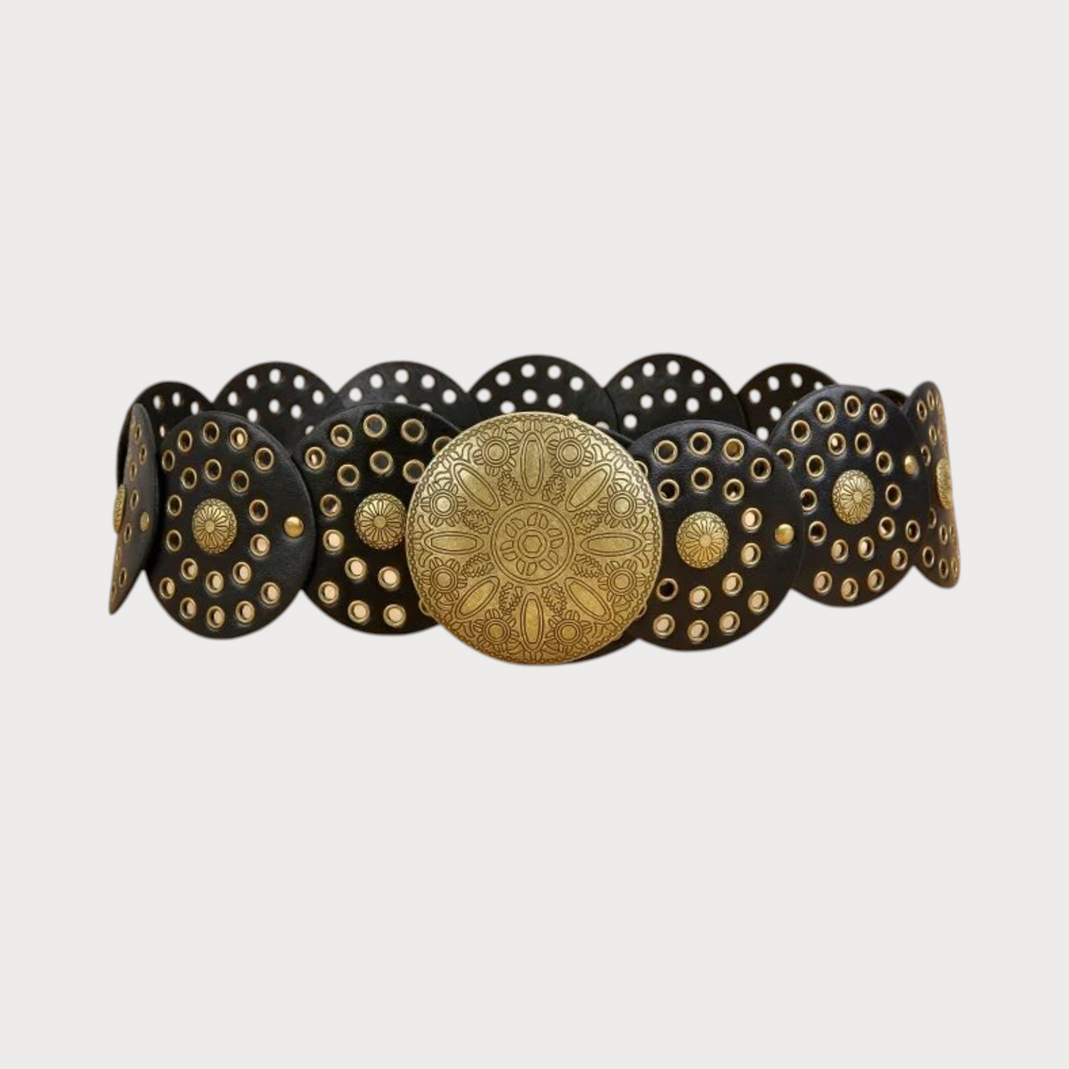 Ceinture large Ceintura en similicuir noir avec disques perforés et boucle ronde en métal doré style vintage