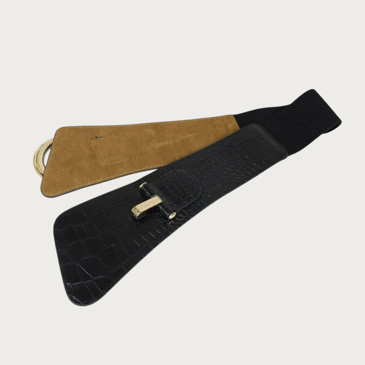 Ceinture large Ceintura pour femme en PU noir effet crocodile avec boucle dorée et bande élastique au dos