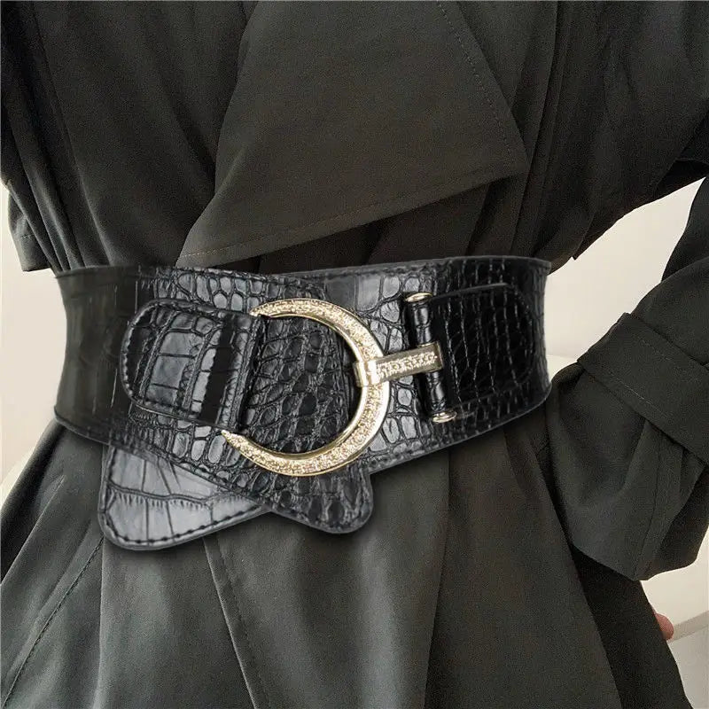 Ceinture large Ceintura noire pour femme en similicuir effet crocodile avec boucle dorée élégante
