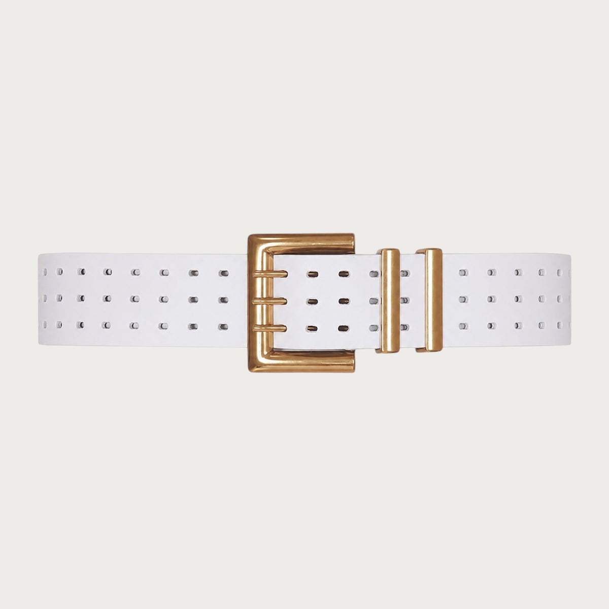 Ceintura ceinture large pour femme en cuir blanc avec trois rangées d'œillets et une boucle carrée en bronze
