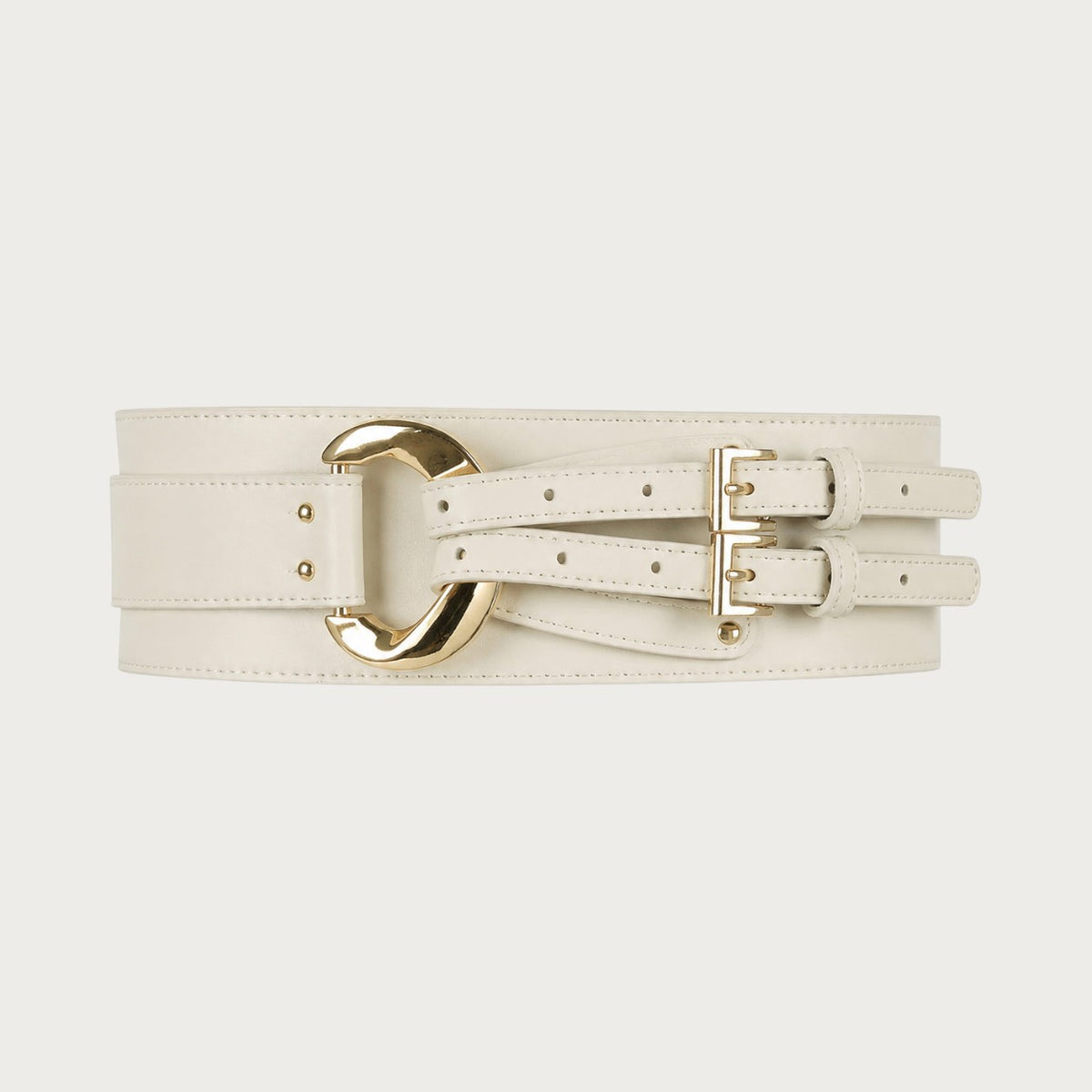 Ceintura large ceinture femme en cuir de vachette blanc avec boucle métallique dorée et doubles lanières ajustables
