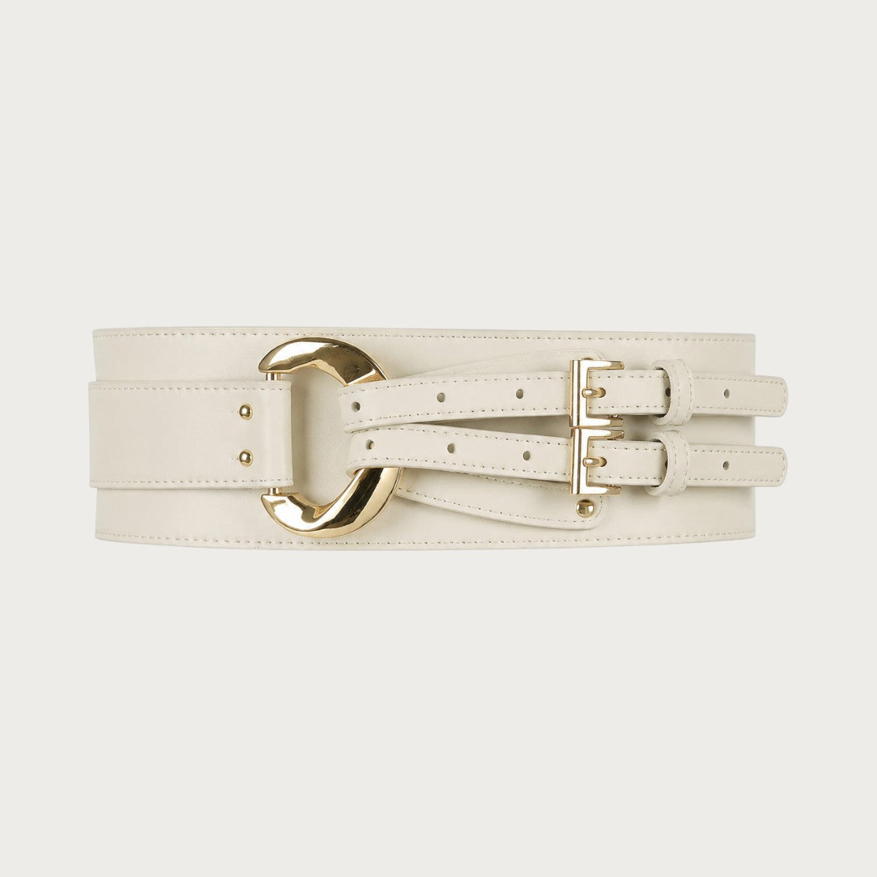 Ceintura large ceinture femme en cuir de vachette blanc avec boucle métallique dorée et doubles lanières ajustables Image