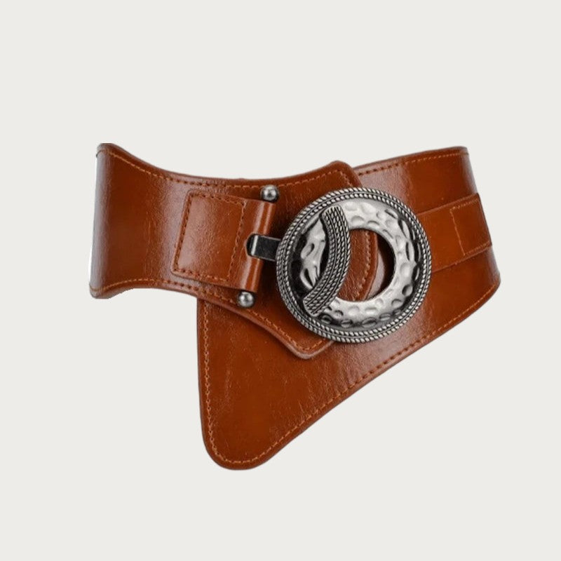 Ceinture large Ceintura en cuir marron pour femme avec boucle métallique vintage et détail élastique