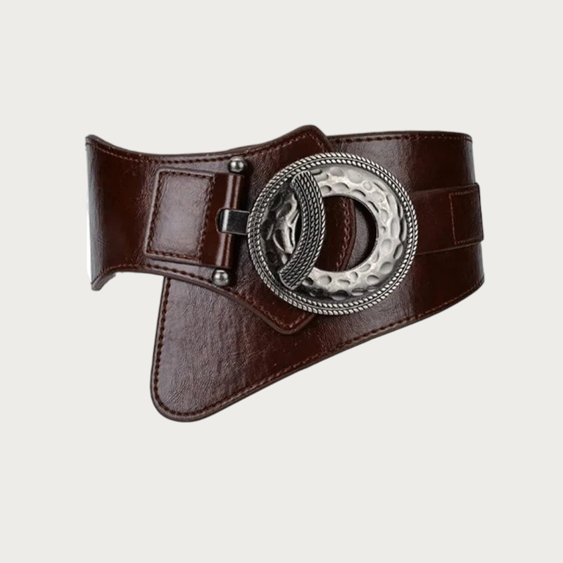 Ceinture large Ceintura en cuir marron à taille cintrée, boucle ronde martelée et dos élastique Image