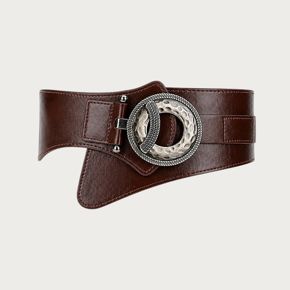 Ceinture large Ceintura en cuir marron avec boucle ronde en métal martelé style bohème
