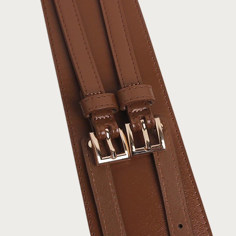 Ceintura large ceinture marron en cuir de vachette avec deux boucles métalliques dorées pour femme