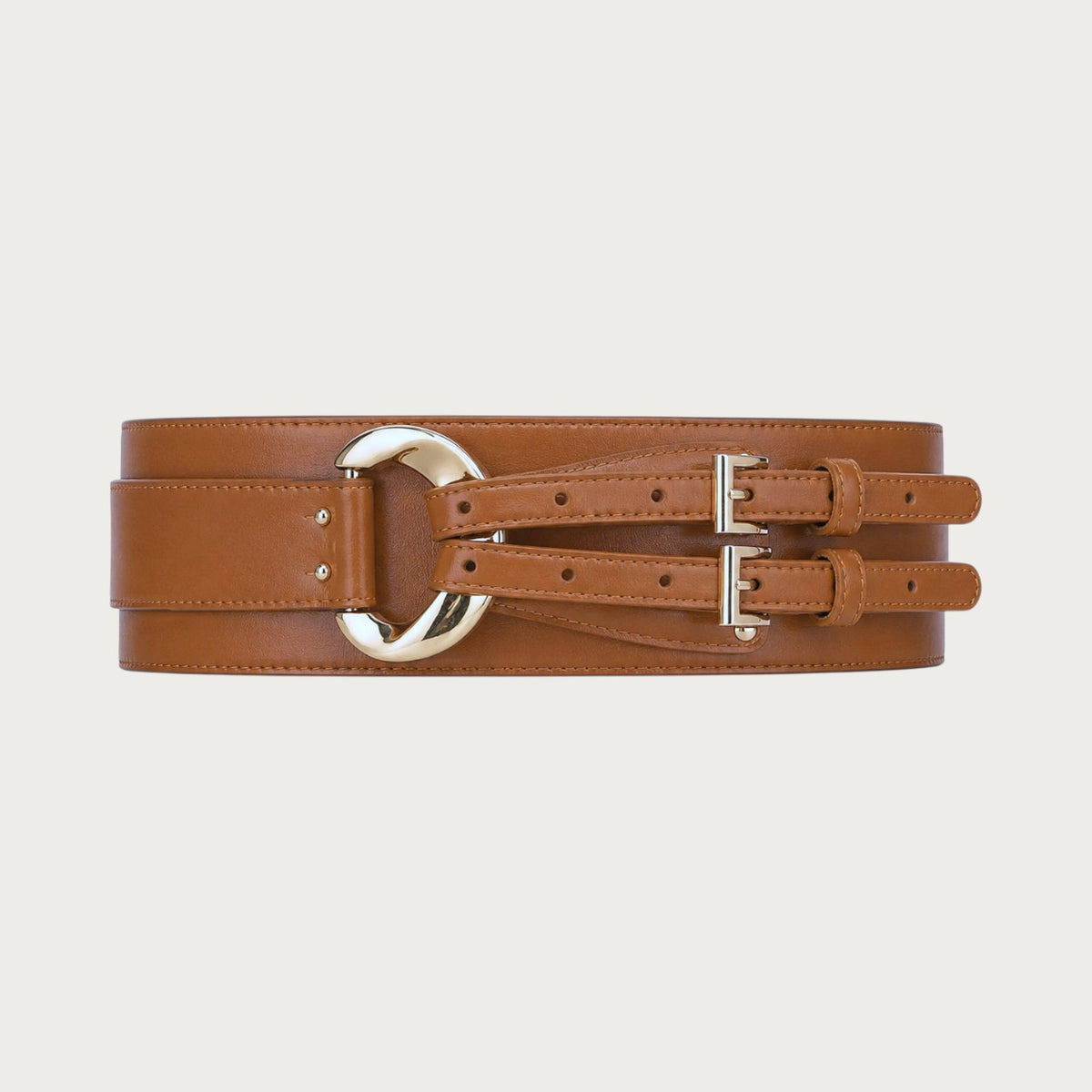 Ceintura large ceinture obi marron en cuir de vachette avec boucle métallique dorée et doubles lanières réglables