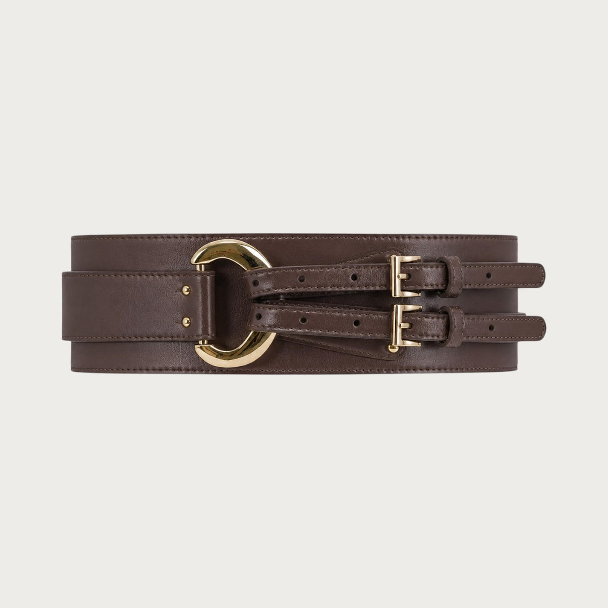 Ceintura large ceinture obi marron en cuir de vachette avec boucles dorées et double sangle pour femme