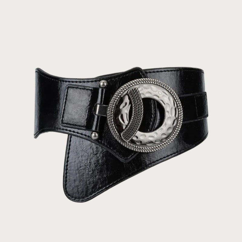 Ceinture large noire Ceintura en cuir avec boucle ronde en métal argenté texturé et élastique au dos Image