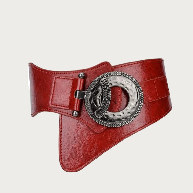 Ceintura ceinture large rouge pour femme en cuir avec boucle ronde en métal vintage et dos élastique