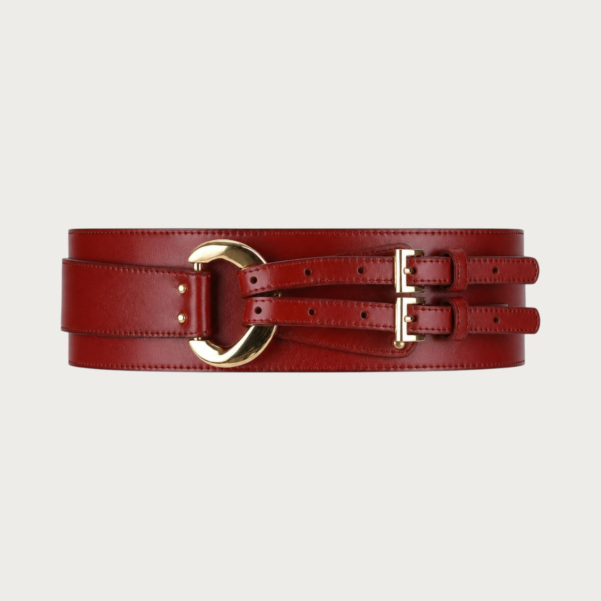 Ceintura large ceinture obi rouge en cuir de vachette avec boucles dorées et détails métalliques élégants