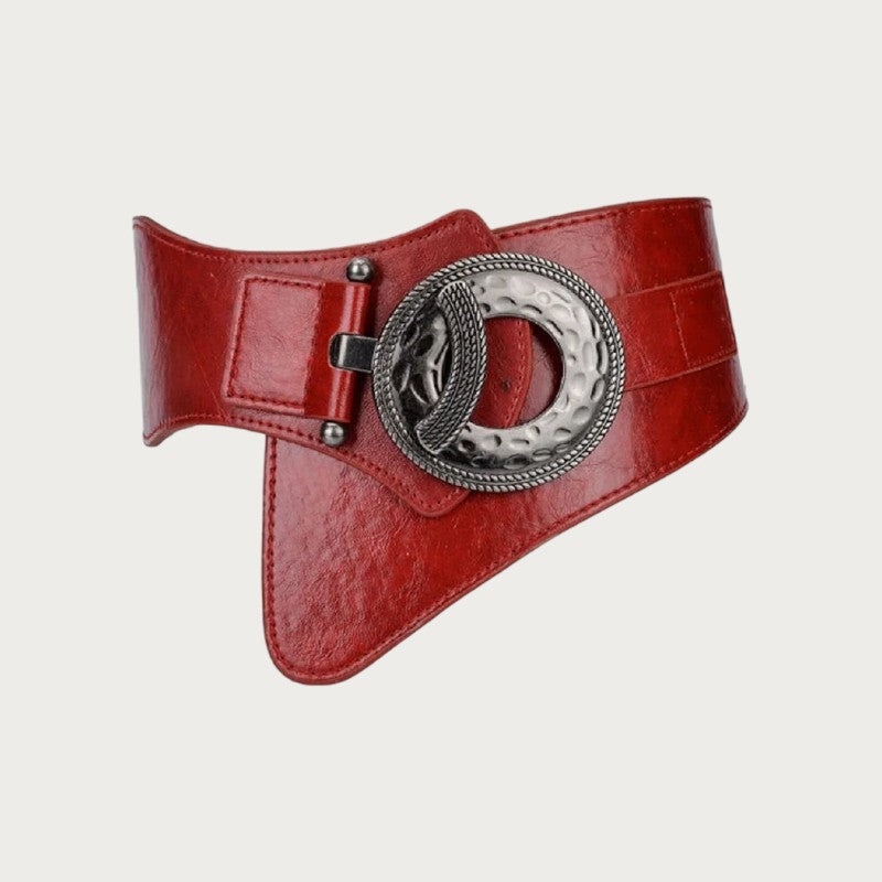 Ceinture large rouge Ceintura en cuir avec boucle ronde en métal martelé style vintage et dos élastique
