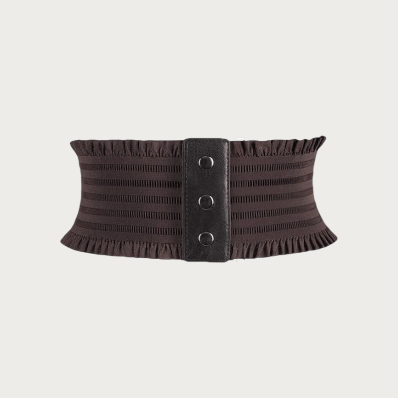 Ceinture large Ceintura taille haute élastique marron avec détails froncés et fermeture à boutons-pression Image
