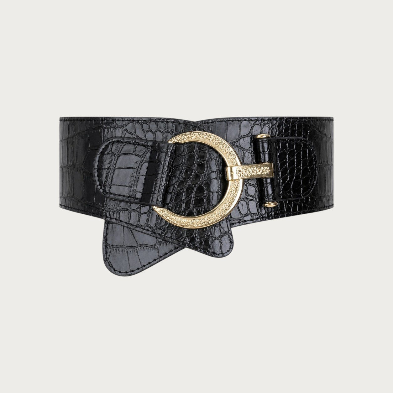 Ceinture large noire Ceintura en similicuir effet crocodile avec boucle ronde dorée sertie de strass Image