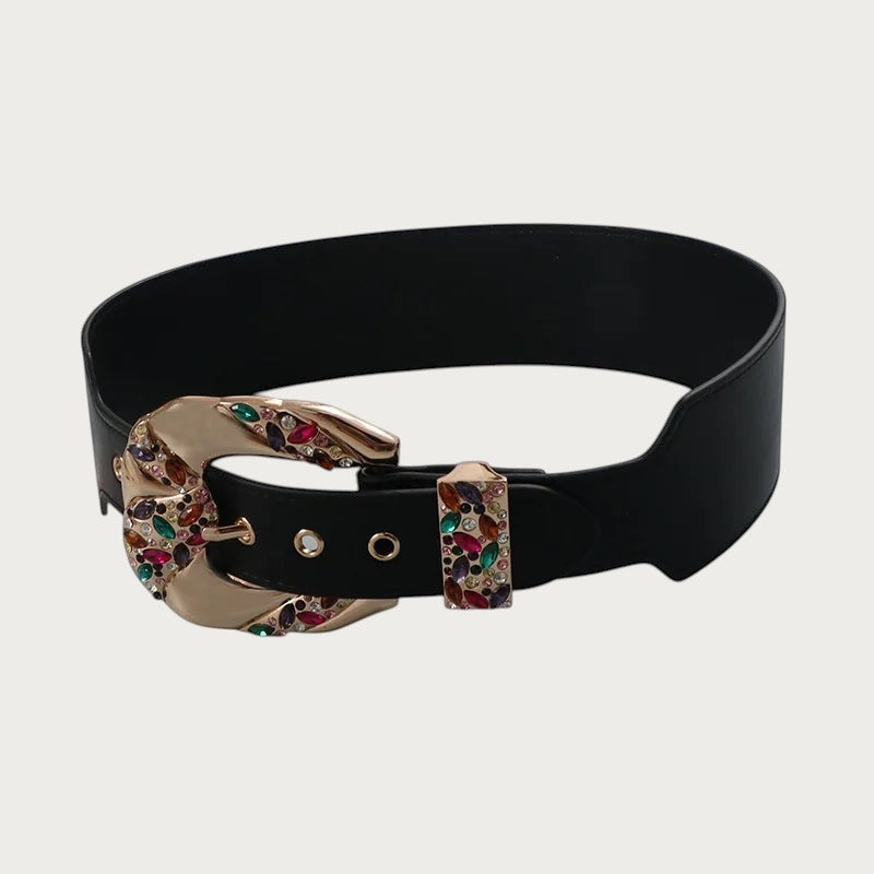 Ceintura ceinture large noire en similicuir avec boucle métallique ornée de strass et zircons colorés élégants