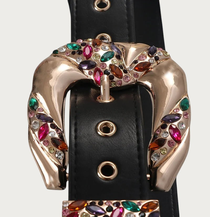 Ceintura large ceinture noire en similicuir avec boucle métallique dorée ornée de strass colorés et zircon