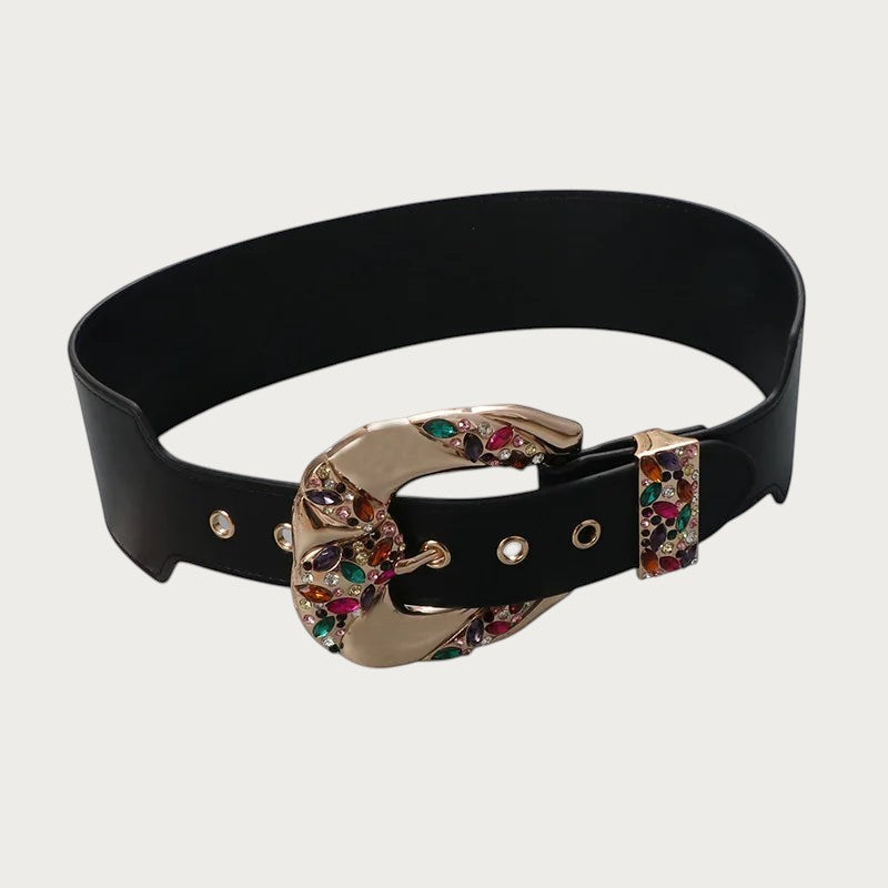 Ceintura ceinture large noire en similicuir avec boucle métallique ornée de strass colorés et zircon