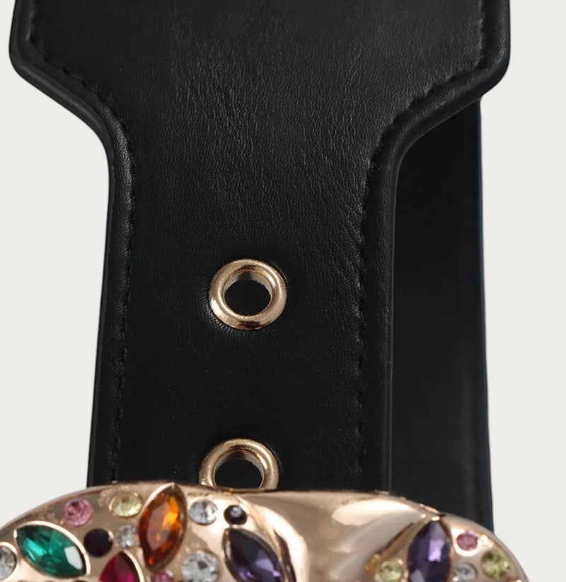 Ceintura ceinture large noire en similicuir avec boucle métallique ornée de strass et zircons colorés