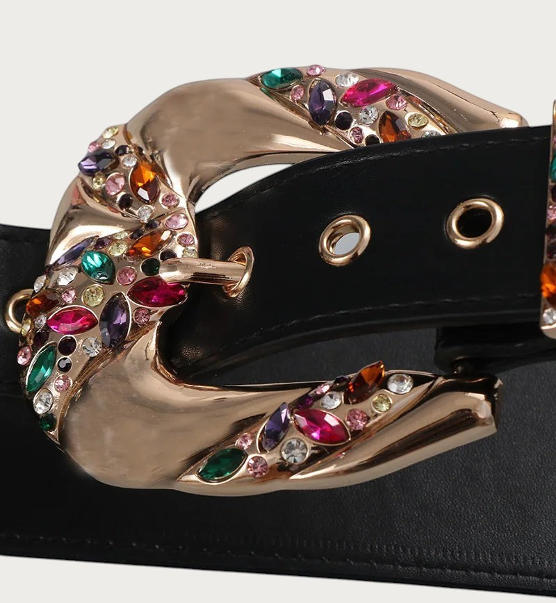 Ceintura ceinture large noire en similicuir avec boucle métallique dorée ornée de strass colorés et zircon