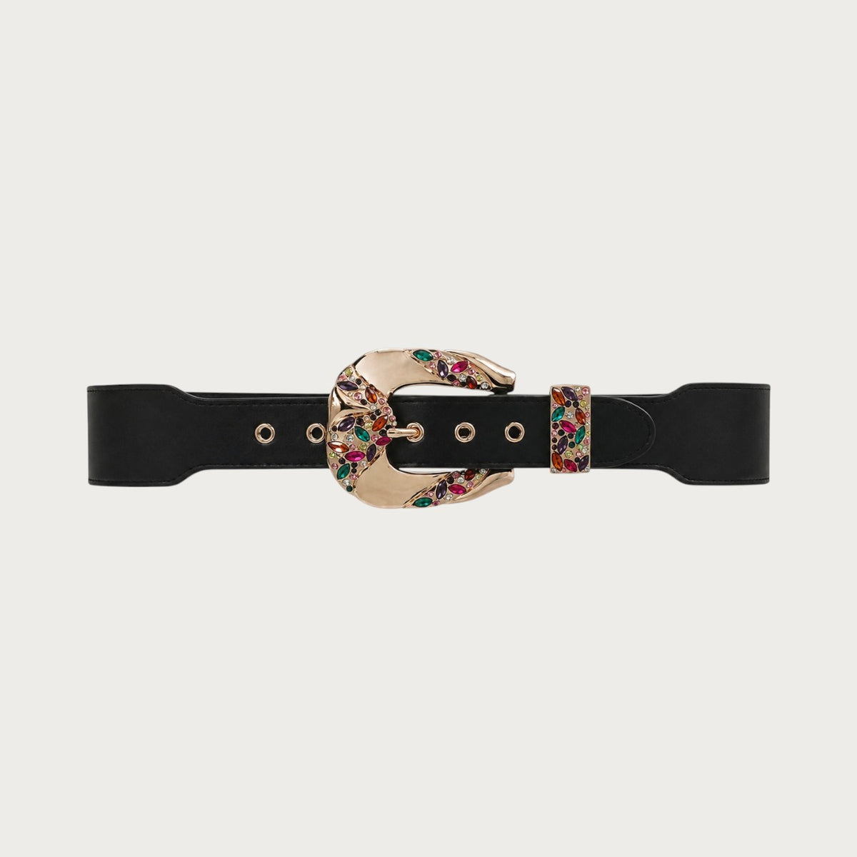 Ceintura ceinture large noire en similicuir avec boucle dorée ornée de strass et zircons colorés style rétro élégant