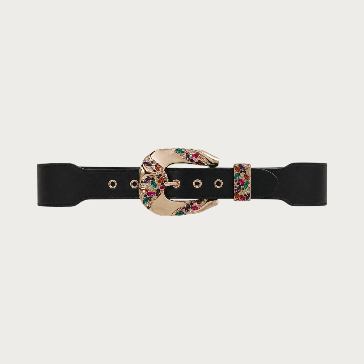 Ceintura ceinture large noire en similicuir avec boucle dorée ornée de strass et zircons colorés style rétro élégant Image